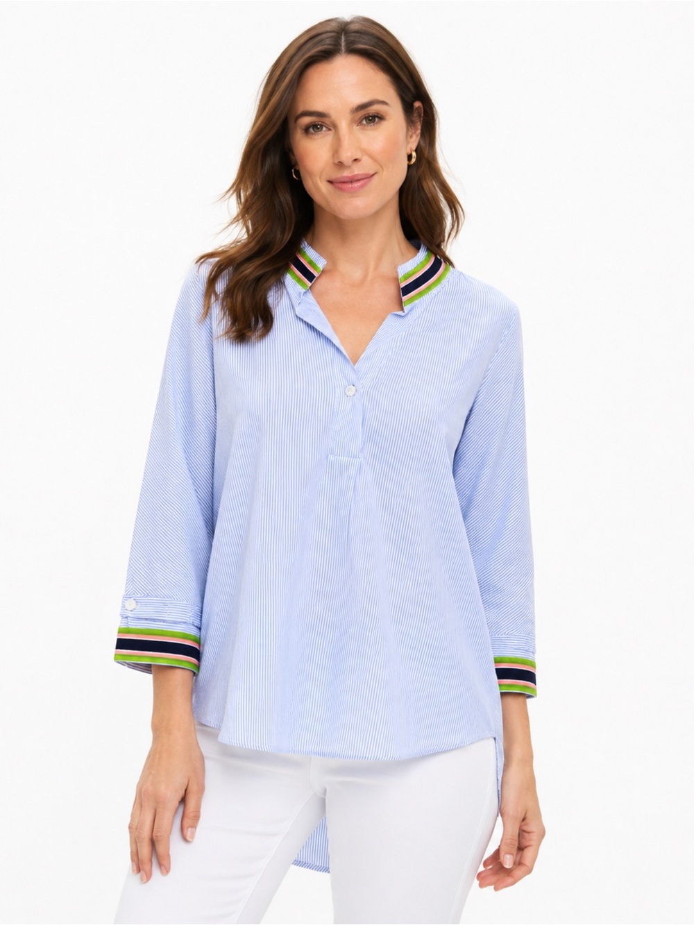 Glam Size S Blue White Pinstripe Tunic Top Preppy Coastal Striped Trim Blouse